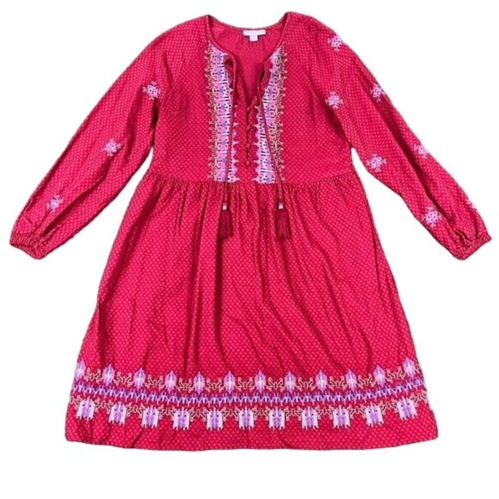 Knox Rose Dress Size Small Red Boho Embroidered Bodice Tassel Tie Neckline